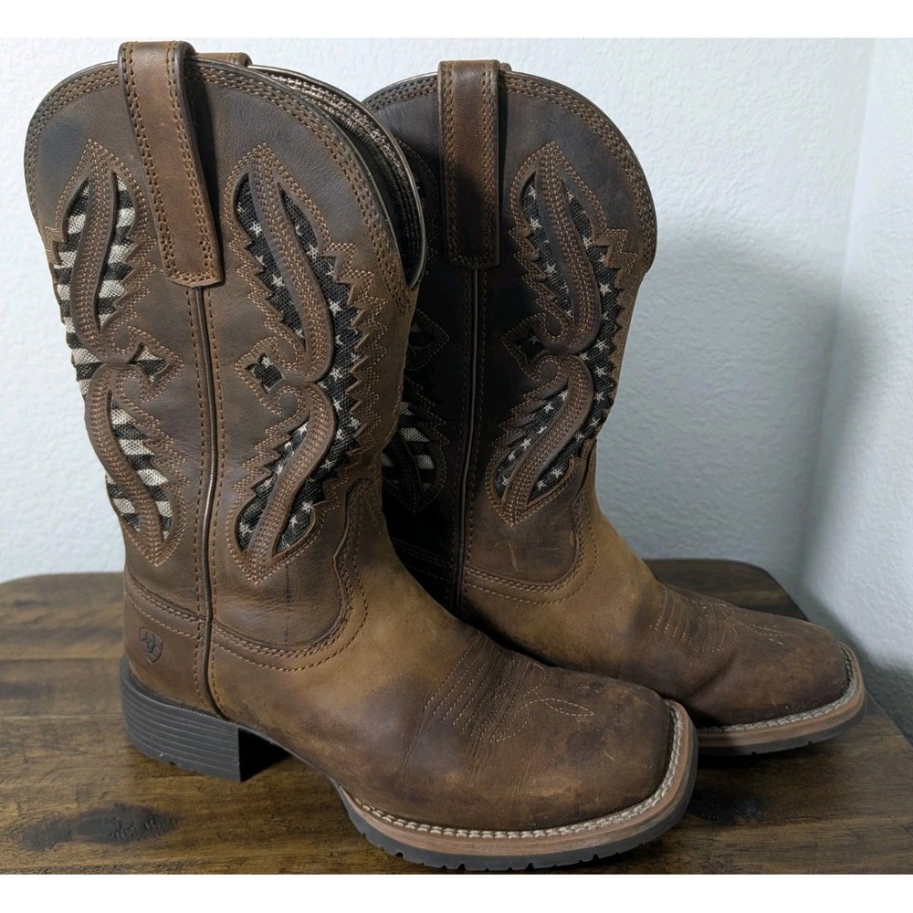 Ariat Brown Leather Western Cowboy Boots Women's 6B Aztec Woven Inlay Square Toe